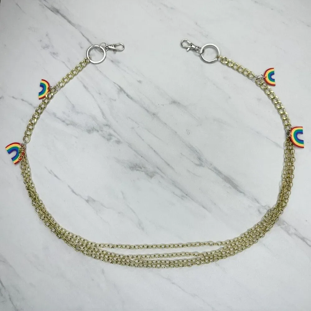 Rainbow Charm Gold and Silver Tone Chain Link Pants Chain
